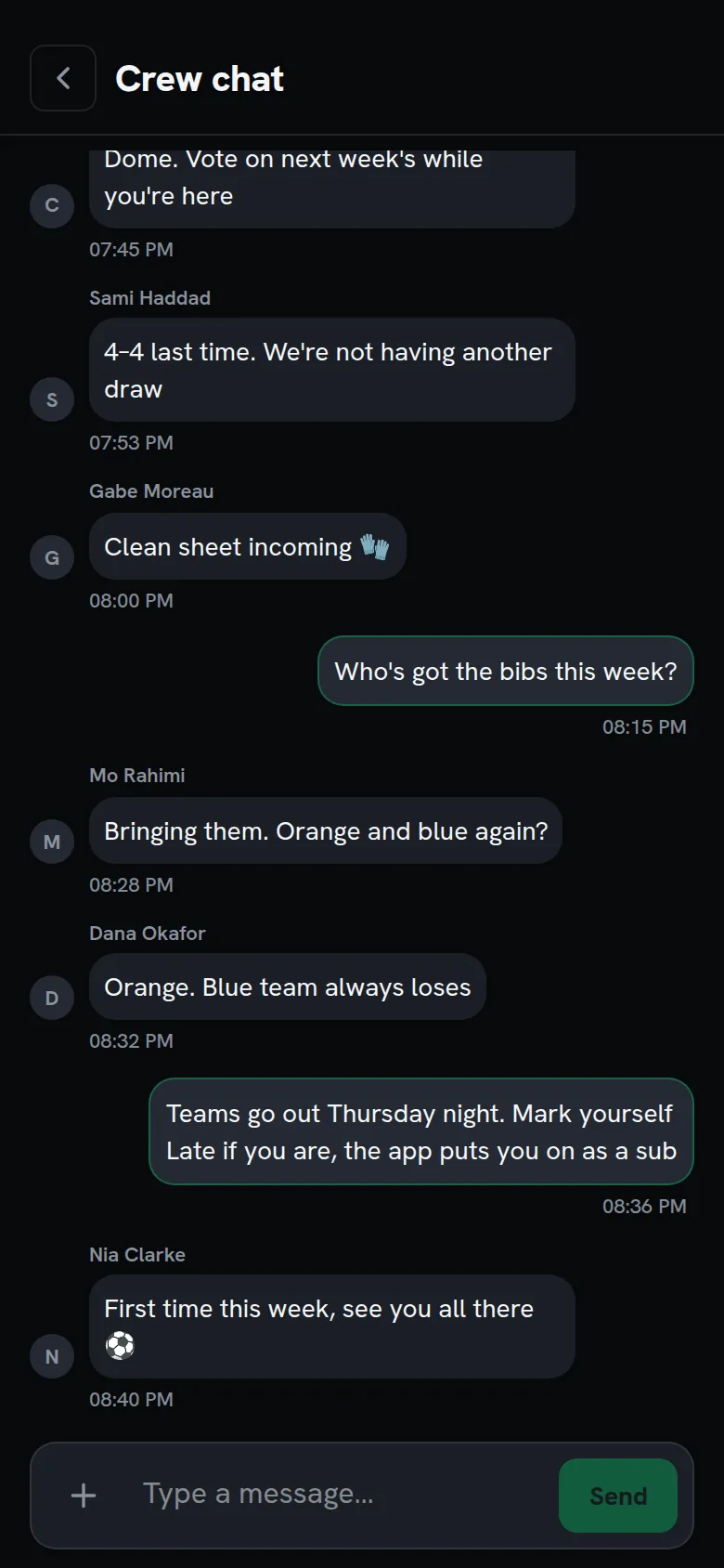 The crew chat: a group conversation about bibs and teams.