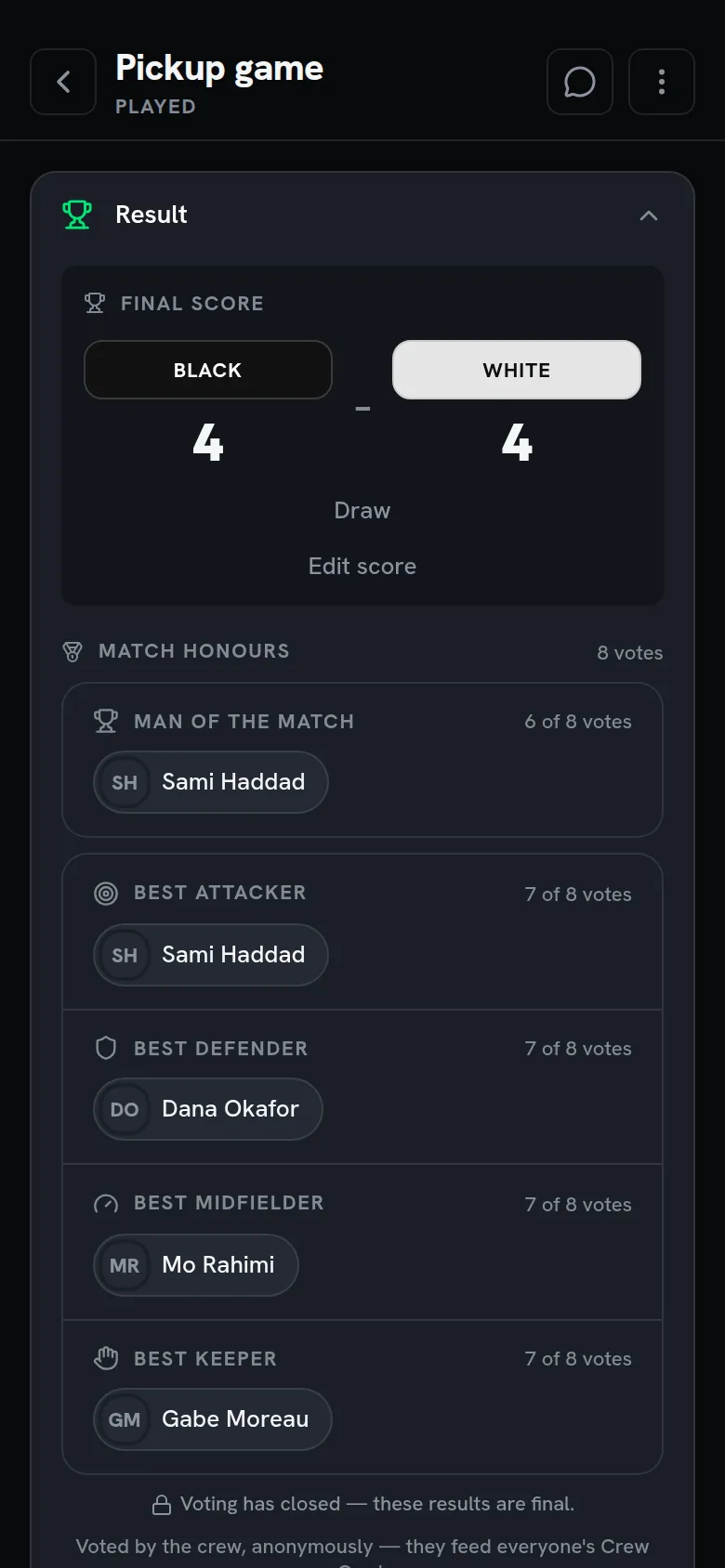 A finished game: a 4–4 draw, with the match awards and who won each one.
